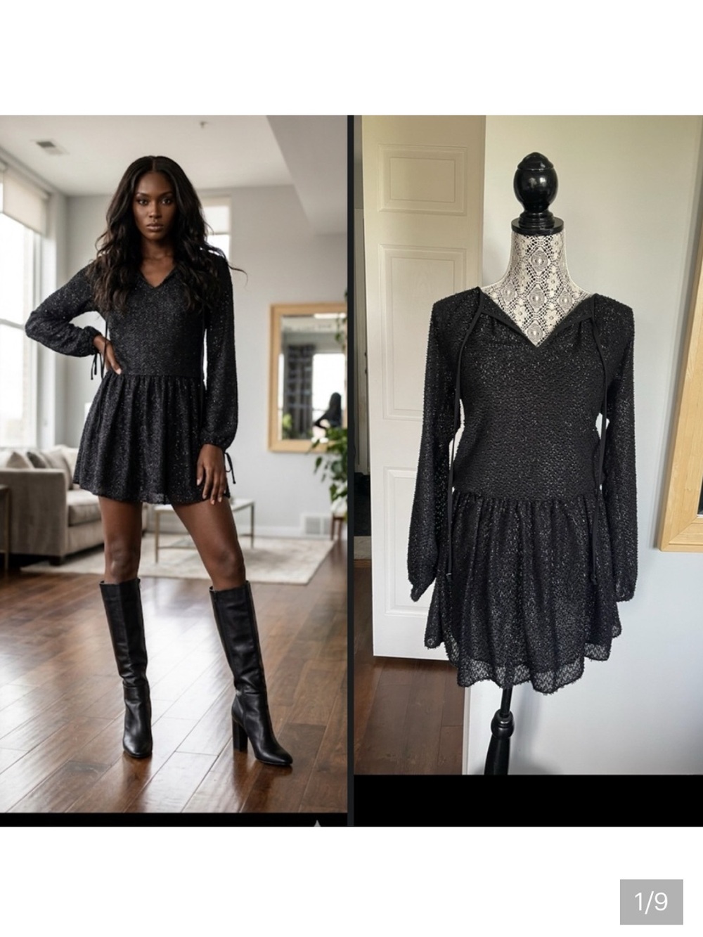 NWT Michael Kors $175 Shimmering Black Long Sleeve Dress. XS